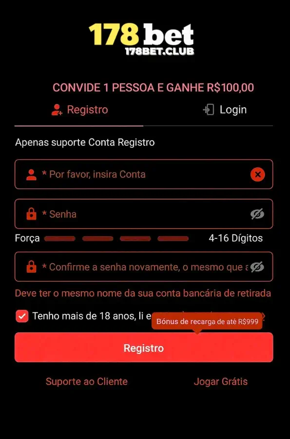 Formulário de registro no site oficial 178BET com